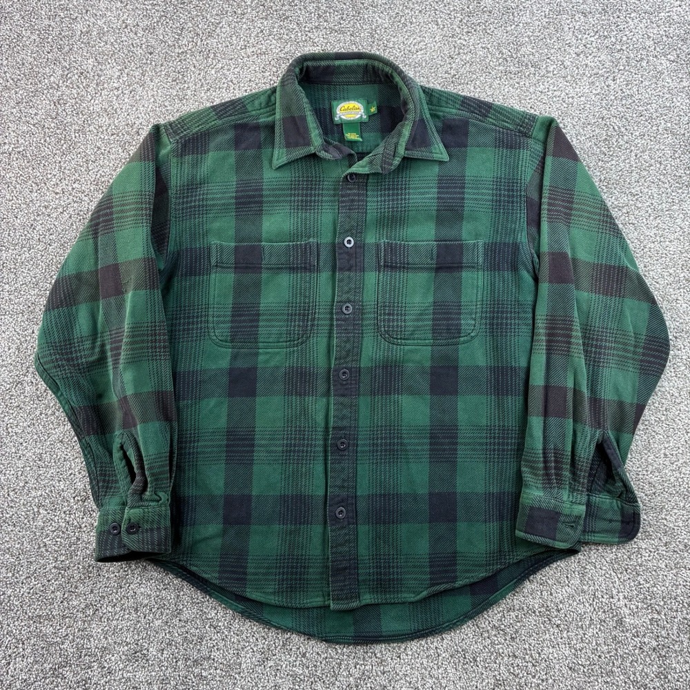 Vintage Cabela's Flannel Shirt Mens L Green Cotton Buffalo Plaid Outdoor